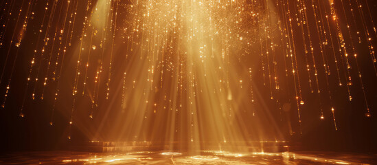 An event is lit by a golden beam, highlighting minimalist stage designs in brown and amber, creating vibrant backdrops.