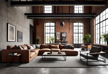 Sleek leather furnishings in an airy industrial setting, Modern industrial décor with leather seating and large windows,  Industrial living space featuring leather sofas and expansive windows. - obrazy, fototapety, plakaty
