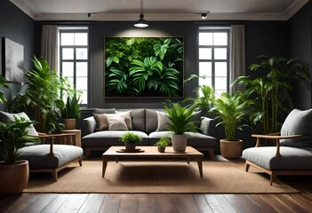 A botanical-themed living room featuring numerous plants and an impressive painting, A welcoming living space adorned with lush greenery and a bold art piece, A room filled with plants and a striking.