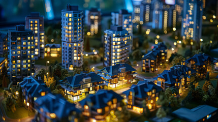 A model city showcases illuminated buildings, detailed miniatures set against a dark blue backdrop.