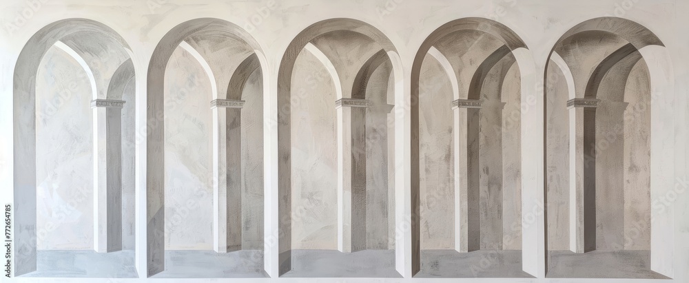 Wall mural six large arches and columns are separated by a white background, embodying baroque nu-vintage and t