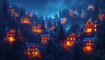 Obraz premium Connected Home Automation, smart homes and digital community, connected home automation with showing smart devices, such as thermostats, lights, and security cameras,