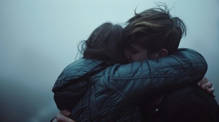 Two people embrace in a heartbreaking scene their faces hidden by the imtrable fog. - obrazy, fototapety, plakaty