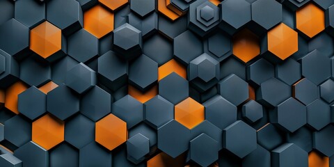 abstract background pattern with blue, orange, and black hexagons rendered in 3D
