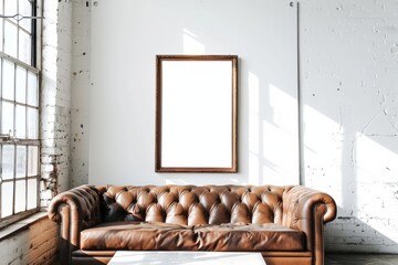 Interior design featuring a brown leather couch and wall fixture