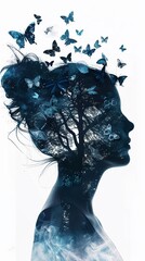 Mental health on a woman profile and butterflies