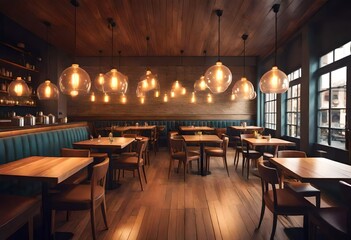Dining experience surrounded by natural wood décor, Wooden beams create a charming restaurant atmosphere, Serene ambiance at a quaint wooden table eatery. - obrazy, fototapety, plakaty