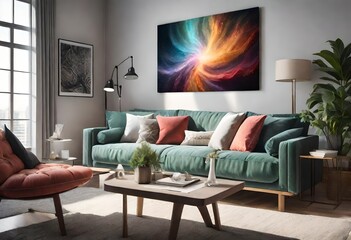 Artistic touch with abstract piece over sofa, Vibrant artwork adds flair to living room décor, Colorful abstract painting above modern couch.