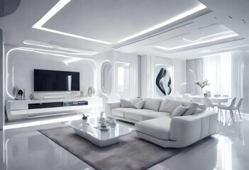 Clean and bright living area with white furnishings, Sleek white sofa and television in bright living space, Serene white room with modern seating and entertainment.