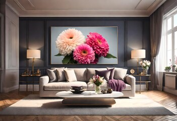 Pink dahlias bring vibrancy and freshness to a modern living room décor, A beautiful arrangement of pink dahlias brightens up a neutral-toned living room, Elegant pink dahlias add a pop of color.