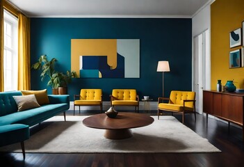 Serene space with a pop of blue and yellow décor, Vibrant blue and yellow touches liven up this modern living area, Cozy living room featuring striking blue and yellow elements.