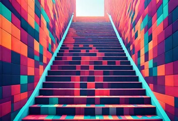 Stairway painted with a rainbow palette, Colorful ascent to the heavens, Vibrant staircase soaring...