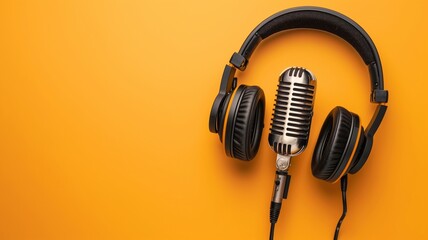Podcasting concept, directly above view of headphones and recording microphone on orange background