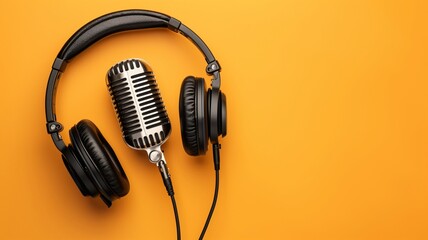 Podcasting concept, directly above view of headphones and recording microphone on orange background