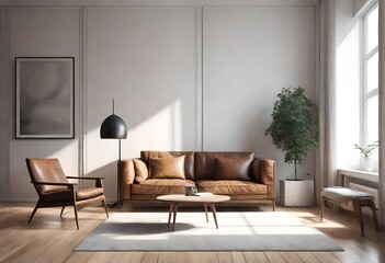 Stylish interior featuring classic brown leather seating against white walls, Elegant white-walled living space with plush brown leather furniture, Brown leather sofa and armchair set.