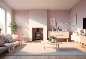 Warm and inviting space with rustic wood stove, Vintage touch with pink walls and classic stove, Cozy living room with pink walls and wood burning stove.