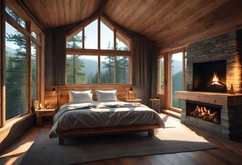 A charming bedroom with a fireplace at its heart, A bedroom featuring a fireplace as a focal point, A cozy bedroom with a fireplace in the center.