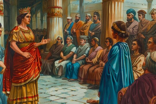 Queen Esther Hadassa interceding for the Jewish people before King Ahasuerus, biblical illustration