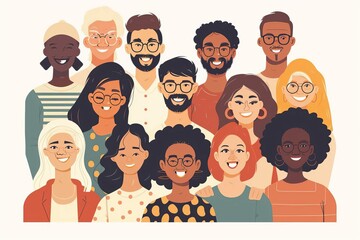 Positive diverse people of various ethnicities and ages smiling together, multicultural unity and happiness concept illustration - obrazy, fototapety, plakaty