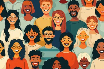 Positive diverse people of various ethnicities and ages smiling together, multicultural unity and happiness concept illustration - obrazy, fototapety, plakaty