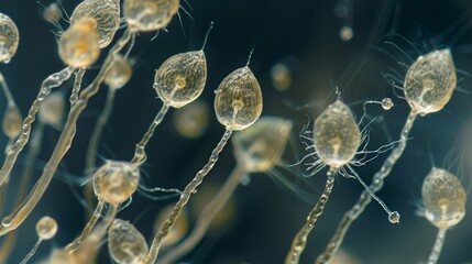 A series of conidia in different stages of growth with some still attached to the fungal hyphae while others have been released into