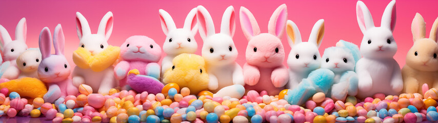 Obraz premium Colorful Plush Toy Bunnies with Easter Candy and Eggs