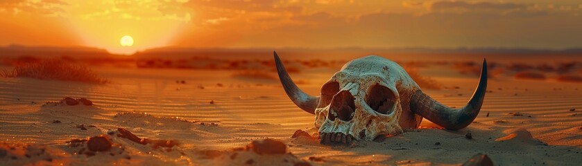 A skull bull positioned in the desert sand at sunset, symbolizing the concepts of death and the end of life, - obrazy, fototapety, plakaty