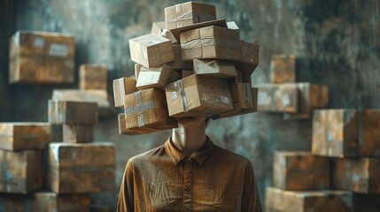 An artistic depiction of a person with a cardboard box head overflowing with parcels, symbolizing the burden and anonymity in modern delivery culture,