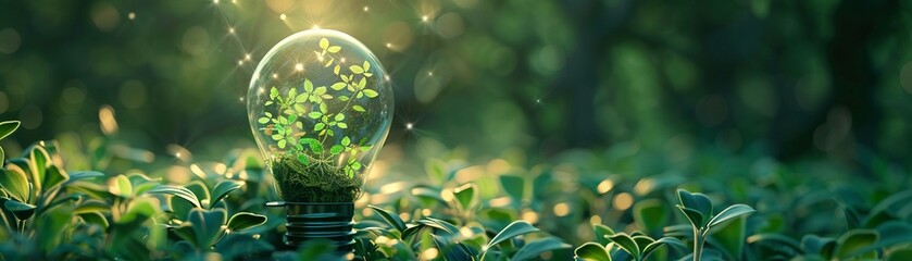 Green innovation and sustainable design merge in a light bulb made of green plant motifs, advocating for eco-friendly technologies, close-up