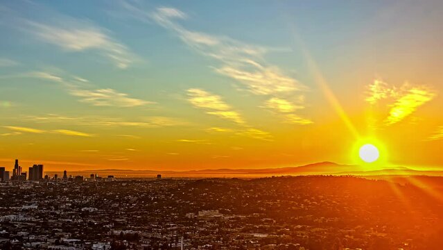 Time Lapse, Sunset Over Los Angeles California USA, Clouds and Sunlight on Horizon