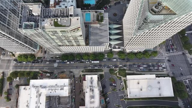 High-angle view of urban city street and skyscrapers, Air conditioner exhaust vents at skyline buildings rooftop, Buckhead, Atlanta, Georgia, USA