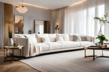 Luxurious white sofa with gold details in modern living space, Chic white sofa surrounded by golden décor in cozy living area, Stylish white couch with hints of gold in contemporary room.