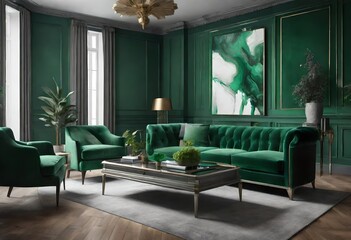 Contemporary green and gold themed decor in a cozy living room space, Chic and trendy green living room with luxurious gold accents, Green walls with elegant gold décor in modern living room setting.