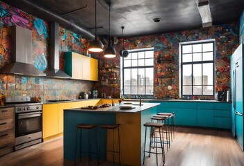 Graffiti art brings life to kitchen space, Colorful kitchen with funky graffiti walls, Bold and...