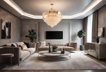 Neutral color palette and statement lighting fixture in modern living area, Stylish décor with neutral tones and luxurious lighting, Elegant beige living room with modern chandelier.