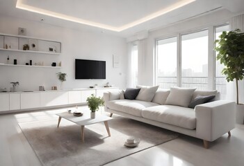 TV and coffee table in a bright living space, White living room with a minimalist design, Simple and elegant white interior with entertainment area.