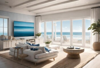 Relaxing with a breathtaking ocean backdrop in the living room, A serene ocean view from the comfort of a cozy living room, Tranquility at home with a beautiful ocean view from the living room.