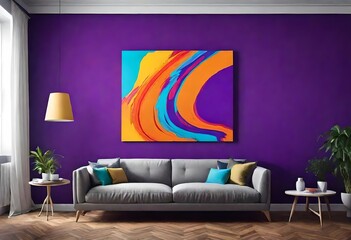 Abstract painting adds pop of color to purple living room, A vibrant living room with purple walls...