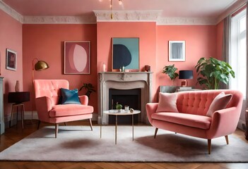 A feminine living room with soft pink tones and plush seating. A cozy living room with pink walls, a pink sofa, and a pink rug, A stylish living room with pink accents and modern furniture.