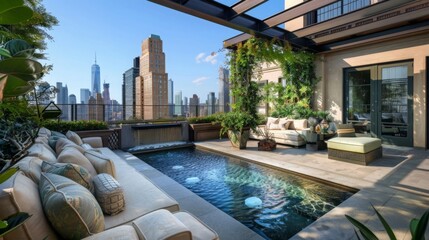 A chic rooftop garden oasis with lush greenery, bubbling fountains, and panoramic views of the city...