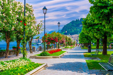 Scenic Lakeside Walk with Blooming Flowers, Lombardy Region, Italy