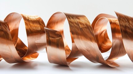 Copper ribbon with a metallic twist, against white  industrial chic and modernity