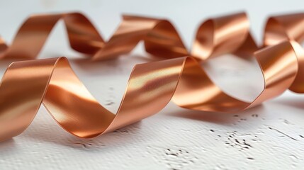 Copper ribbon with a metallic twist, against white  industrial chic and modernity