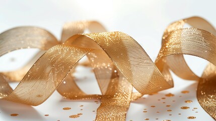 Closeup, Luxurious gold ribbon with shimmer, perfect for gift wrapping, on white background  spotlight effect