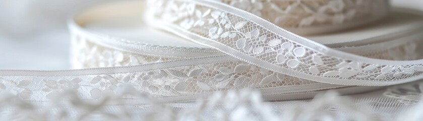 Thin, delicate lace ribbon, intricate patterns, soft focus on white  vintage charm and grace