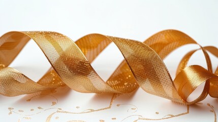 Closeup, Luxurious gold ribbon with shimmer, perfect for gift wrapping, on white background  spotlight effect