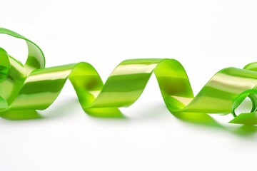 Neon green ribbon with a glossy finish, making a swirl, stark contrast on white  energetic and bold