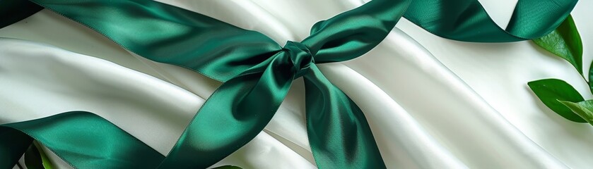 Emerald green ribbon, cascading with grace, lush texture on white  natural beauty and elegance