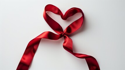 Single satin ribbon, bold red, making a heart shape, high contrast on a white backdrop  love and elegance
