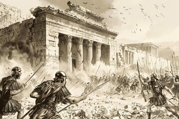 Roman soldiers destroying the ancient Jerusalem temple, historical illustration